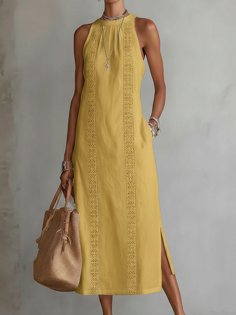 Jenna | Linen-Texture Midi Dress with Mandarin Collar