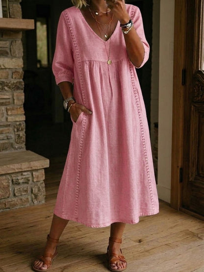 Virella™ | Loose Linen & Cotton Dress with Lace Detail