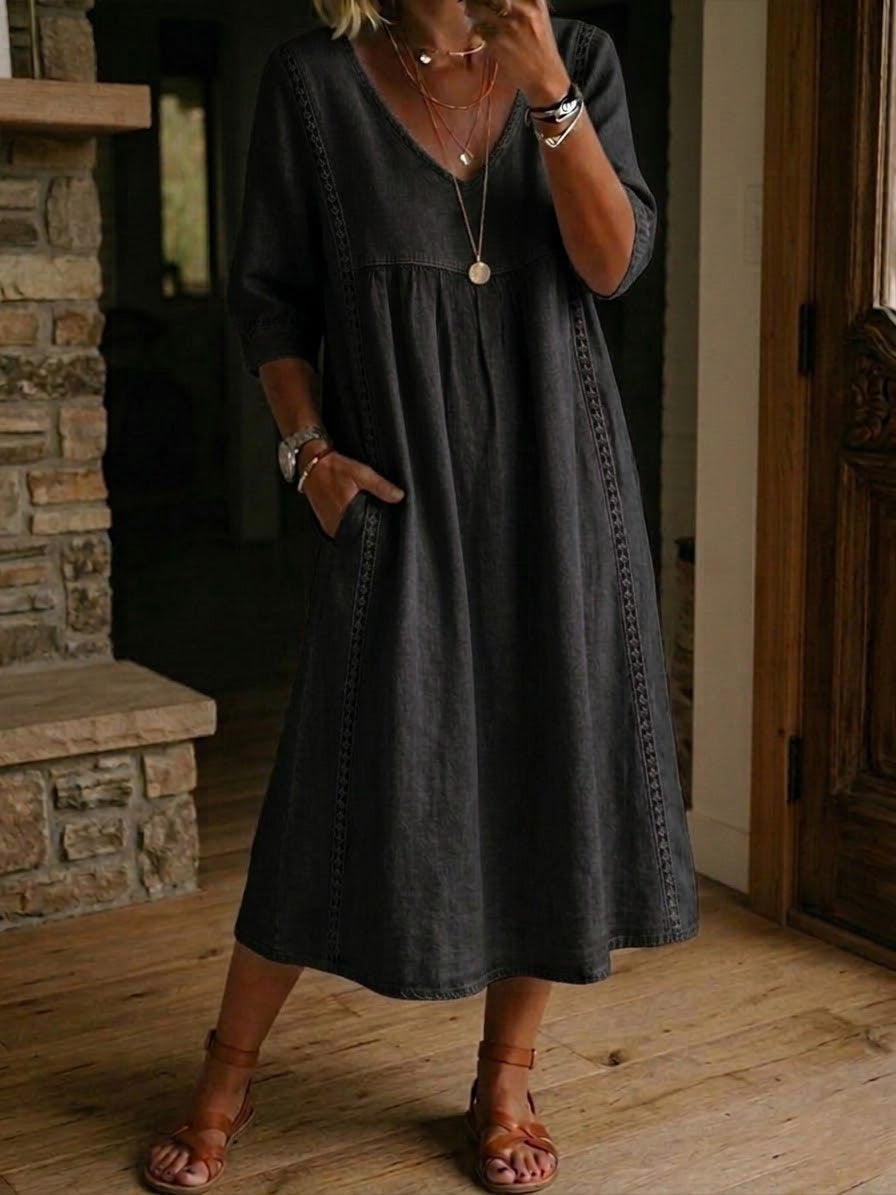 Virella™ | Loose Linen & Cotton Dress with Lace Detail