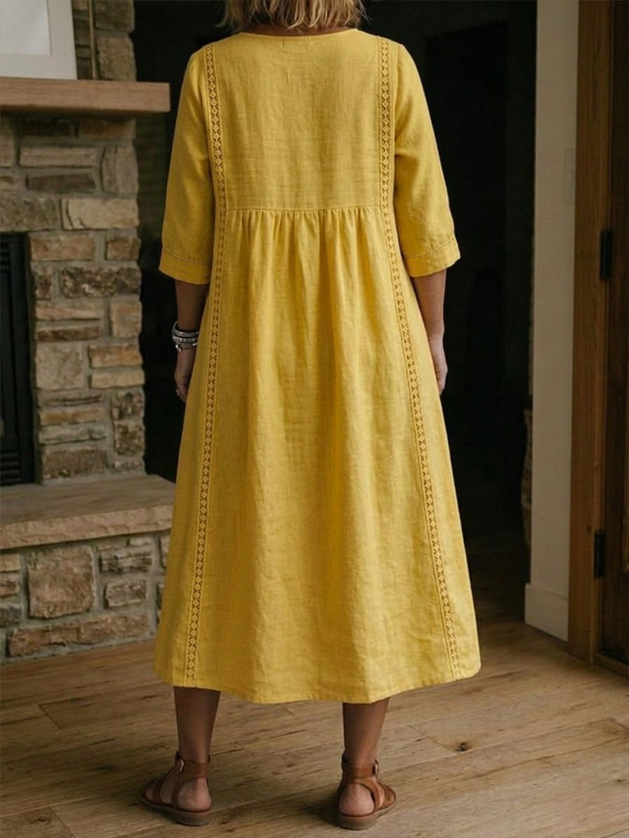 Virella™ | Loose Linen & Cotton Dress with Lace Detail