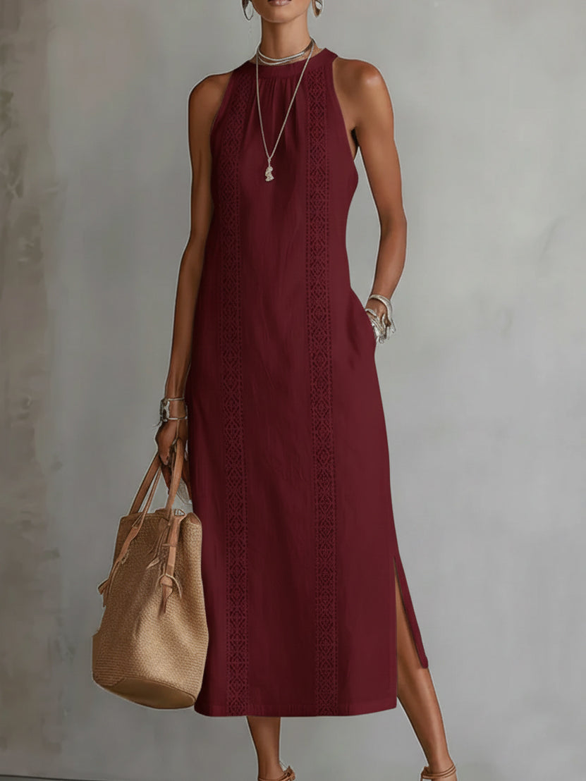 Jenna | Linen-Texture Midi Dress with Mandarin Collar