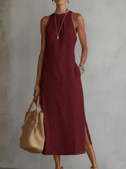 Jenna | Linen-Texture Midi Dress with Mandarin Collar