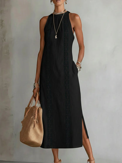 Jenna | Linen-Texture Midi Dress with Mandarin Collar